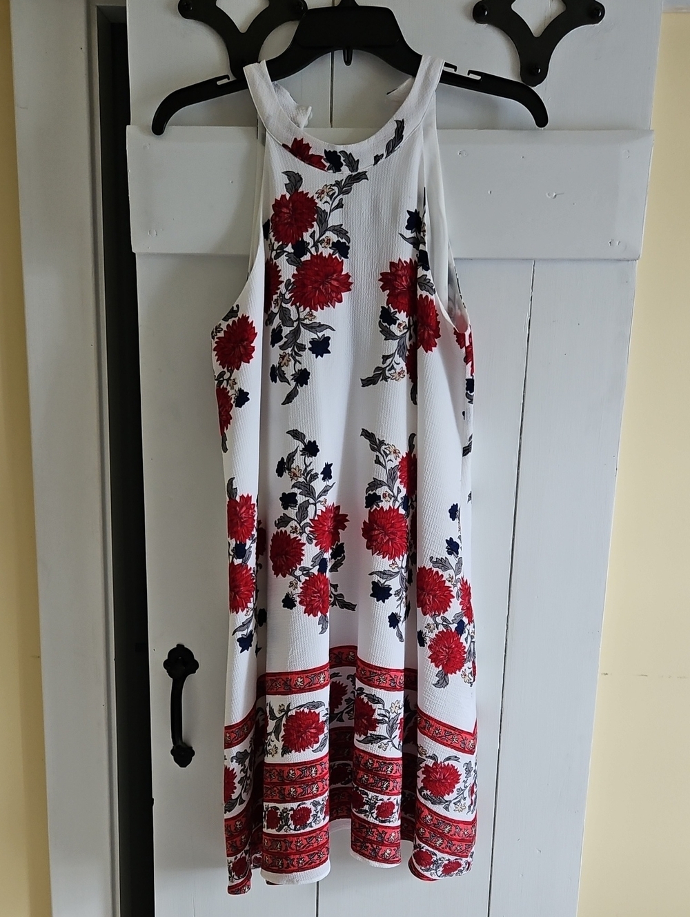 White Midi Halter Dress with Red Floral Print